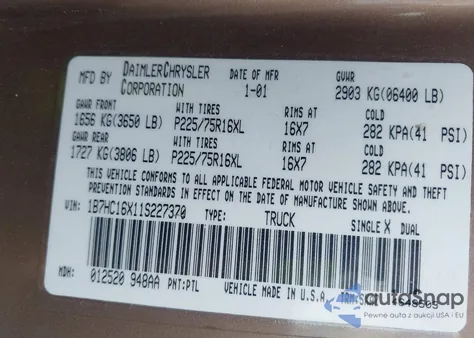 2001 Dodge Ram 1500 St/Ws из США, поврежденный, VIN 1B7HC16X11S227370